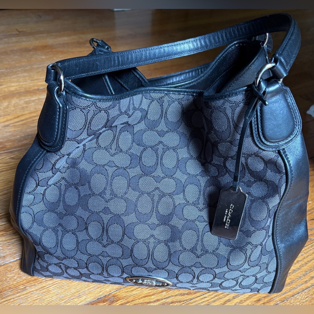 Coach Black and Gray Edie Shoulder Bag in Signature Jacquard